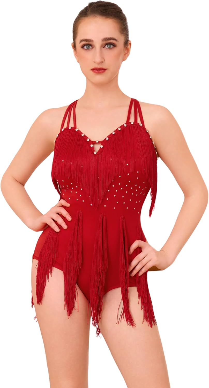 Rhinestone Tassel Bodysuit for Women Fringe Romper Latin Jazz Dance Costume Rave Bodysuit Leotard Ballroom Dancing Outfits