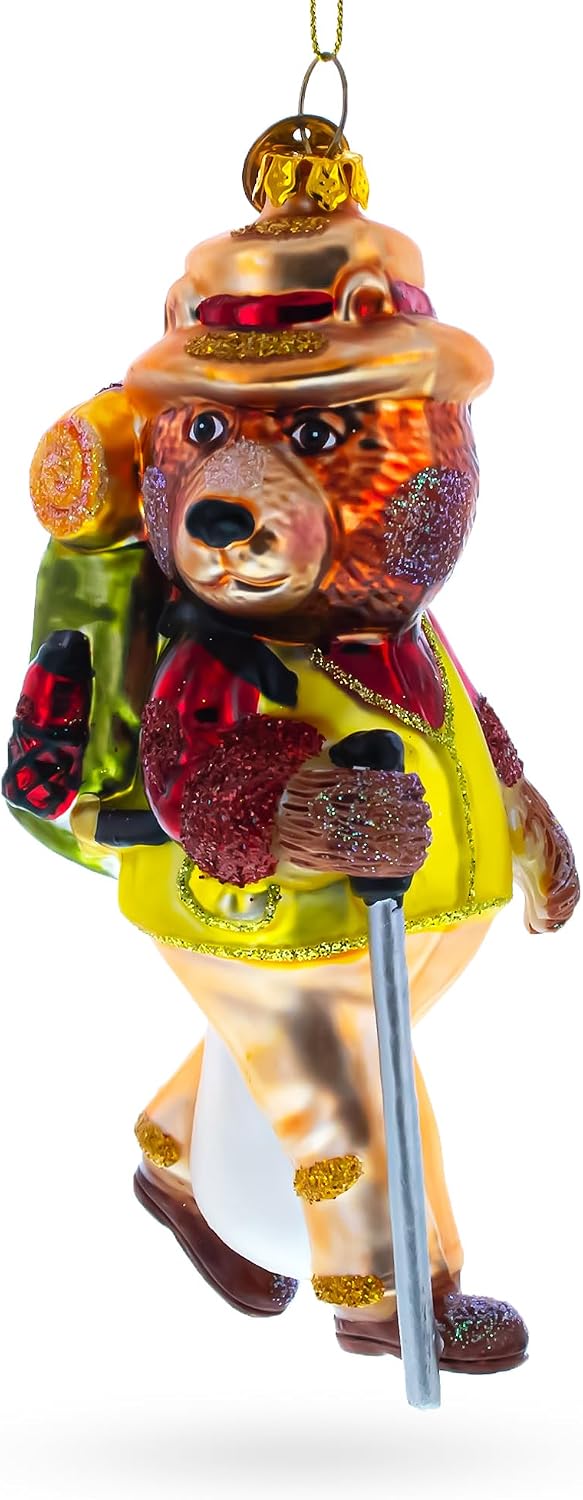 Bear Hiker Glass Christmas Ornament