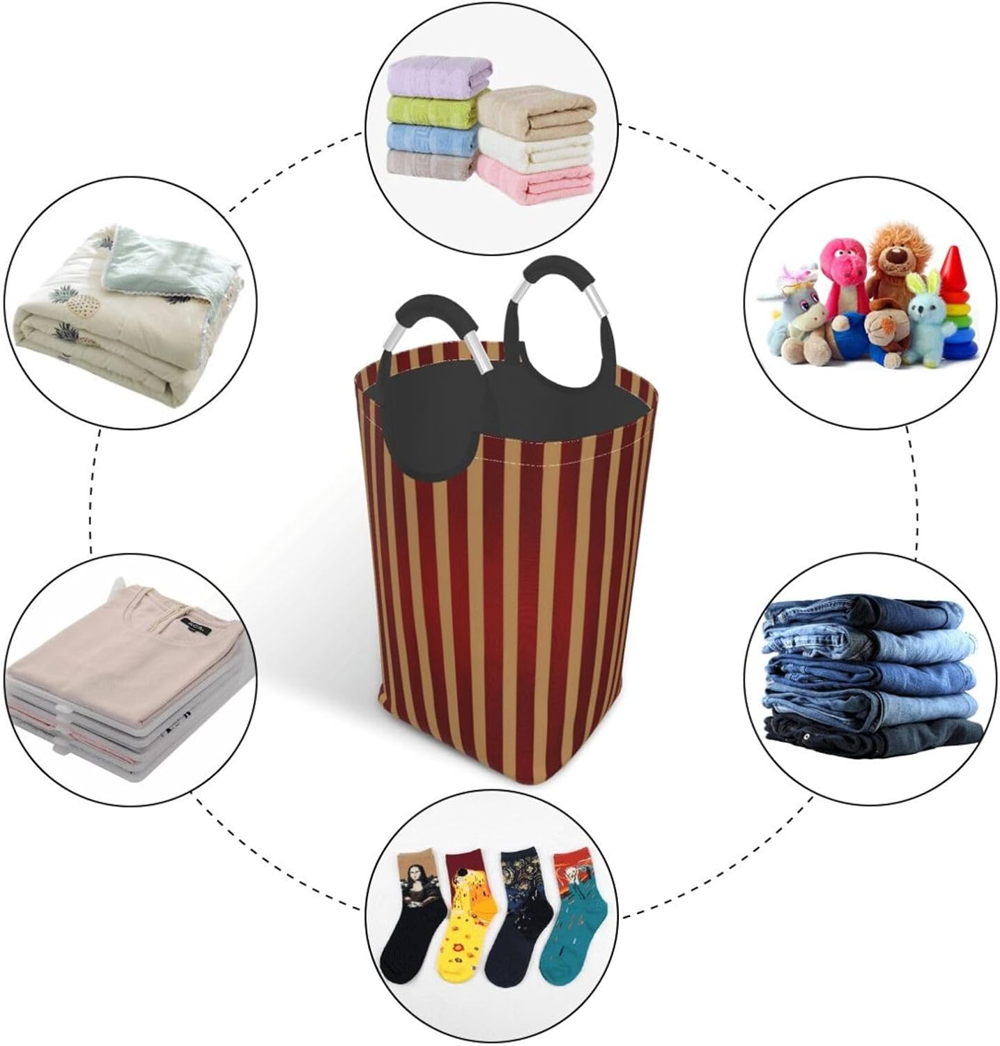 Large Laundry Basket, Red & Gold Vertical Stripes Striped Pattern Laundry Hamper Bag Collapsible Washing Bin With Handles for College Dorm, Family Essentials Storage
