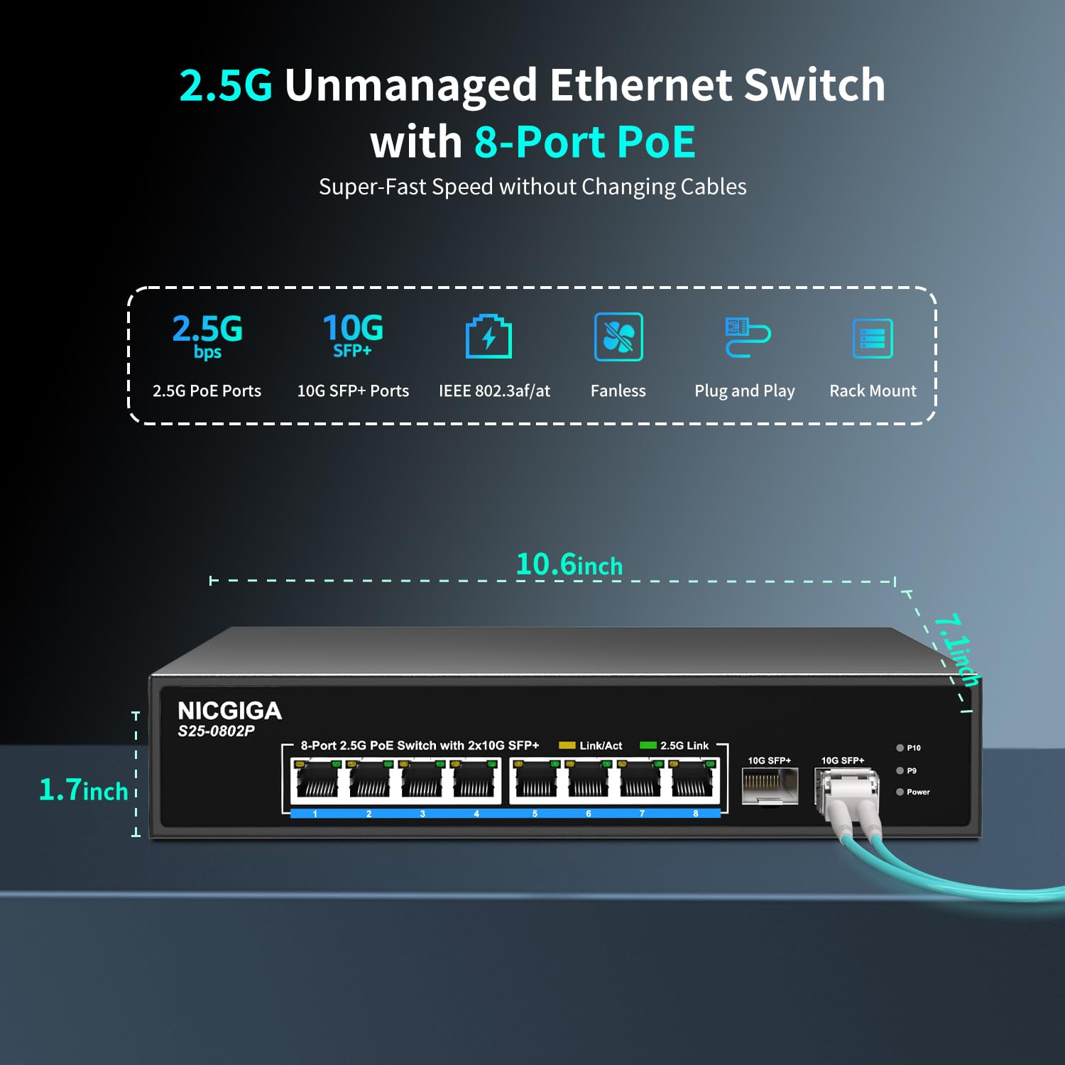 Commutateur PoE 8 ports 2,5 G non géré avec 8 ports 2,5 Go Base-T PoE+@130 W + 2 x 10 G SFP+ Uplink, NICGIGA 10 ports 2,5 Go IEEE802.3af/at Power Over Ethernet, prend en charge WiFi6 AP, NAS, 4K PoE