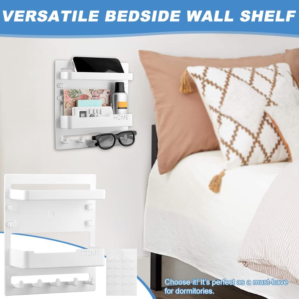 Bedside Shelf Wall Mount Organizer with Phone Cable Clips & 5 Hooks,No Drilling Adhesive Bedside Wall Organizer & Dorm Decor,for Bedroom College Dorm,Rv, Dorm Room Decor(White)