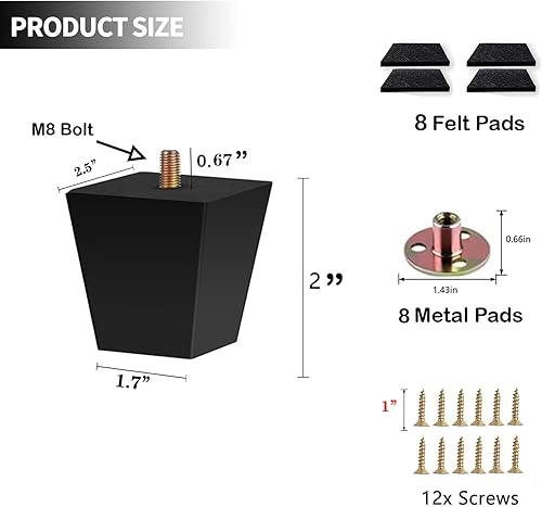 Miniatura 2 de Patas de sofá cuadradas para cama, patas de repuesto de madera de 2 pulgadas para muebles, juego de 4, color negro (2 pulgadas, 4 juegos)