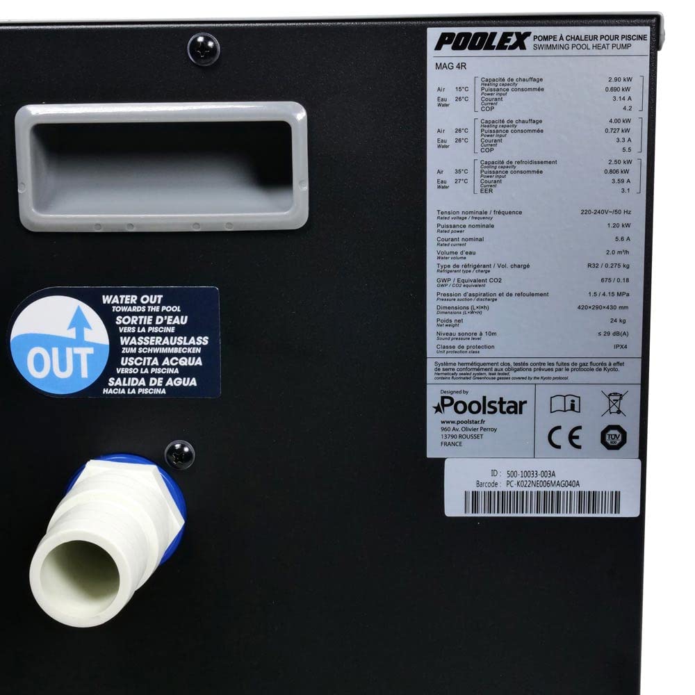 POOLEX MAG 4R Wärmepumpe für Pools Schwimmbecken bis 12.000 l Wasserinhalt Durchflusssensor Heizung Heizleistung 4 kW 230 V WiFi App-Steuerung LED Display Titan Wärmetauscher auch für Salzwasser