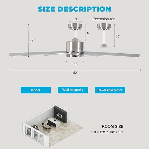 Miniatura 6 de KOWNPY Ventiladores de techo de 52 pulgadas con luces con control remoto motor CC reversible, 5 cuchillas, 3CCT, regulable, ventilador de techo con