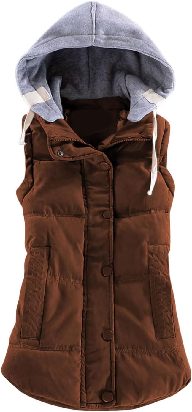 Yeokou Women's Slim Sleeveless Quilted Removable Hooded Winter Puffer Vest Coat