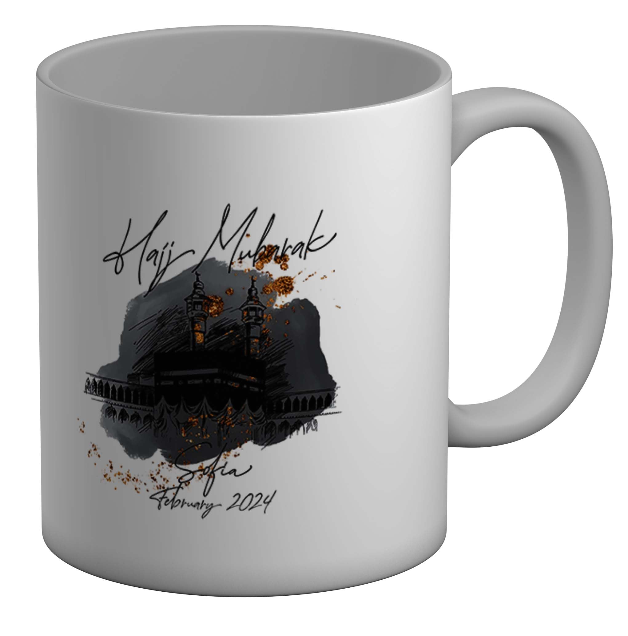 Shopagift Personalised Hajj Mubarak Mug Mecca Gold Glitter White 11oz Large Ceramic Cup
