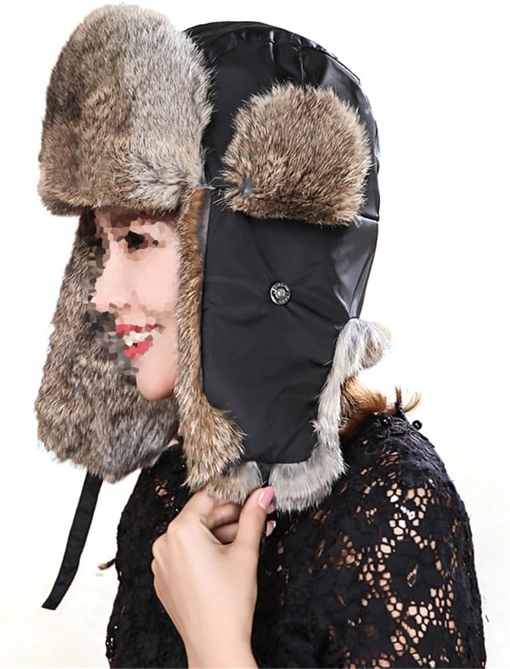 100% Real Rabbit Fur Hat Thicken Winter Warm Ushanka Trapper Cap for Women (Black+Brown Large(58-60cm))
