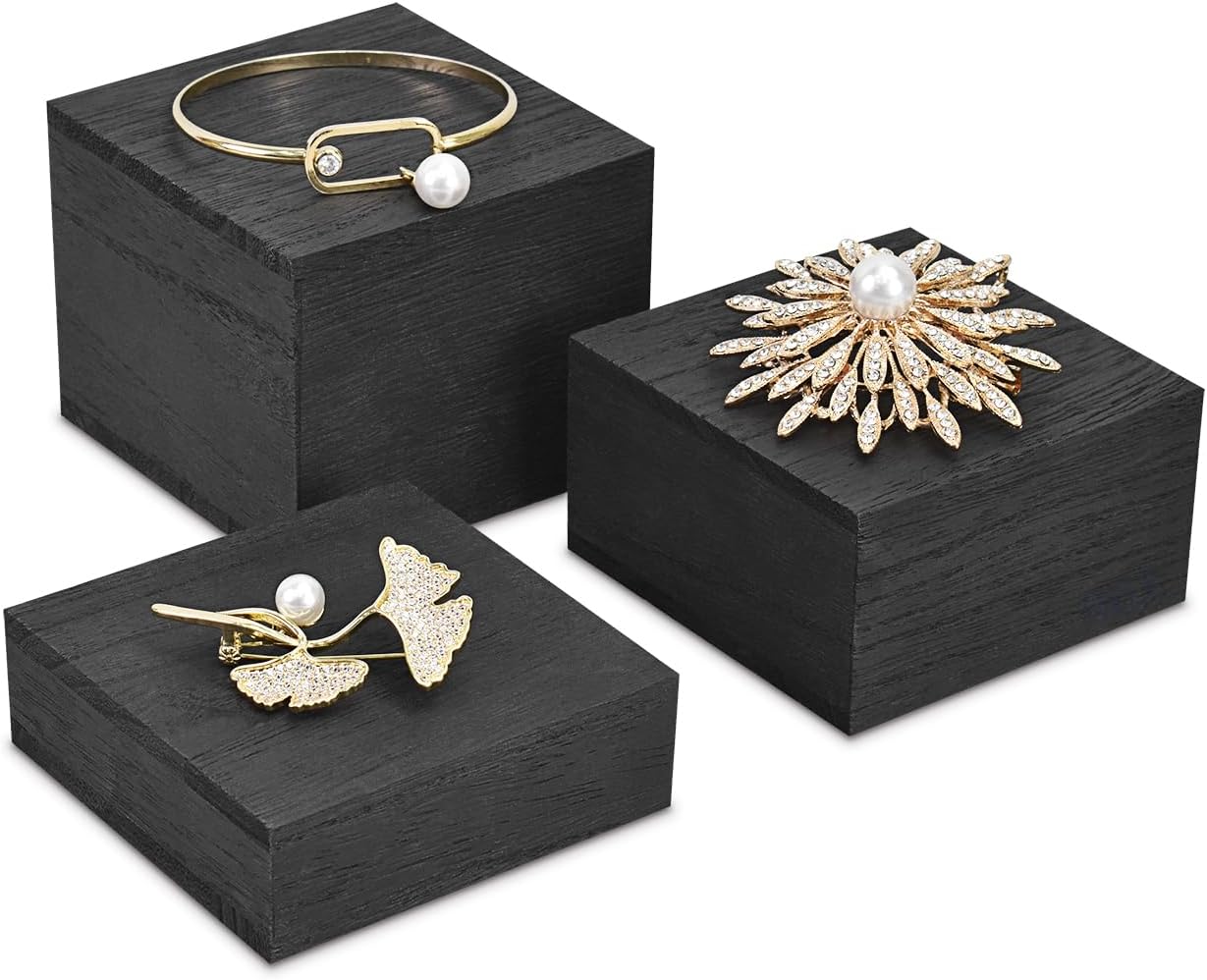 MOOCA Customizable Wooden Display Risers Set - 3 Different Height Stands for Jewelry, Watches, Cosmetics, and Accessory, Black Color