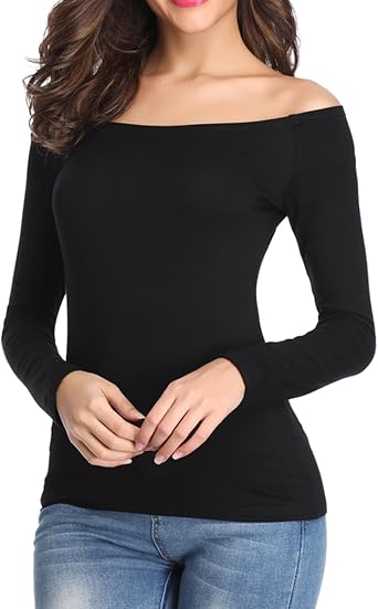 Fuinloth Off Shoulder Long Sleeve Top for Women, One Shoulder Slim Fit Tee | Rayon-spandex stretchy knit. Off shoulder, one shoulder or boat neck. Going out, spring fall layering, date night.