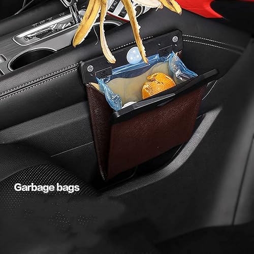 CREOMG Car Trash Bag, Superior PU Leather with LED Light and Magnet Closure Design, Bundle with Tissue Box and 30 Disposable Inner Garbage Bags, Waterproof Vehicle Rubbish Container Garbage Can