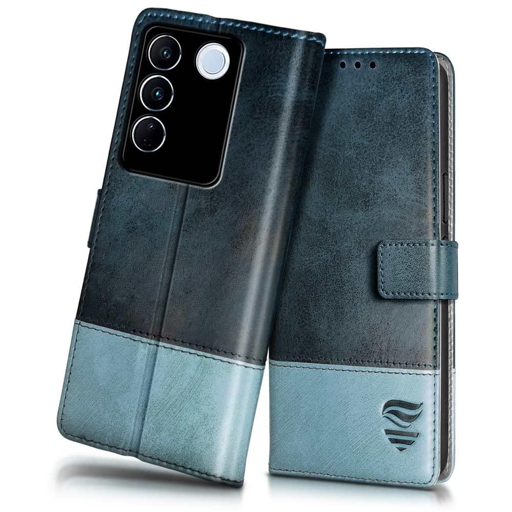FLIPPED Vegan Leather Flip Cover for Vivo V27 | V27 Pro | Shockproof with TPU Bumper & Kickstand | Card & Cash Pocket| Magnetic Closure Wallet Case Cover (Hand Stitched, Blue with Aquamarine) (B0C3ZYX5YR) Amazon Price History, Amazon Price Tracker