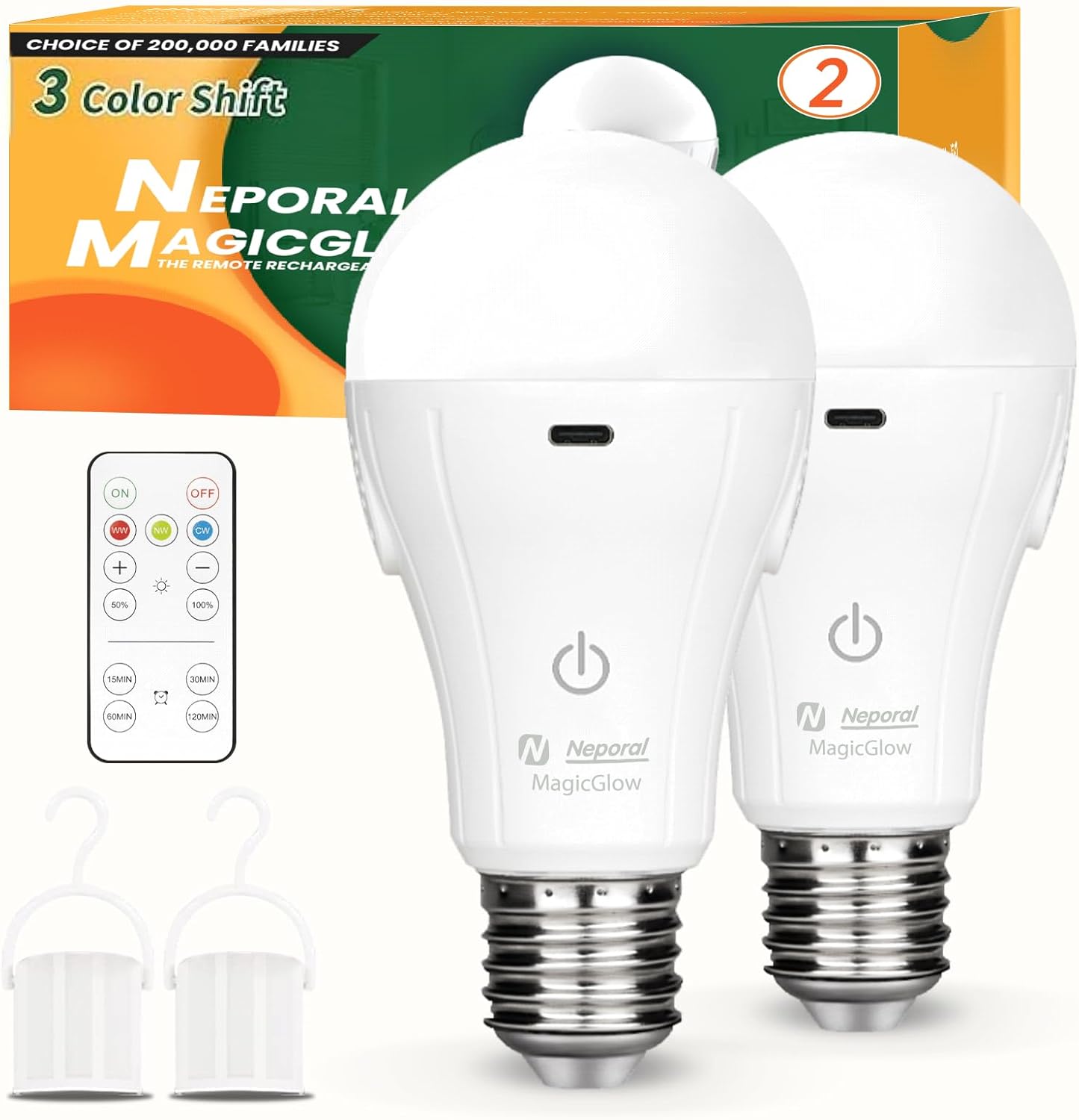 Neporal MagicGlow Rechargeable Light Bulbs with Remote, 3 Colors Shift + Dimmable Battery Powered Light Bulbs, USB Rechargeable, A19 Standard Emergency LED Light Bulbs, 15W, Up to 24 Hours, 2 Pack