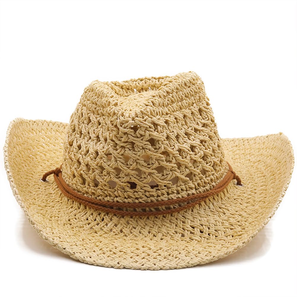 Men’s Western Cowboy Hat Wide Brim Shapeable Panama Straw Hat Summer Beach Sun Hat Outdoor Travel Cap with Chin Strap Beige