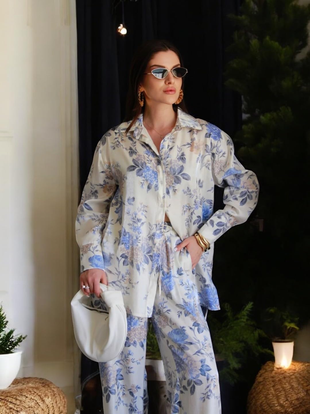 Gufrina Women's Co-Ords Set - Floral Print Shirt With Front Open Button And Wide-Leg Pants, Full Sleeves, Rayon Fabric (Sky Blue S)