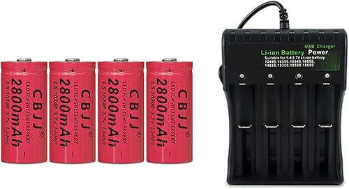 Batería recargable de 3.7V 16340 2800mAh 3.7 voltios para faro, linterna 031324 (paquete de 4 + cargador de batería de 4 bahías)