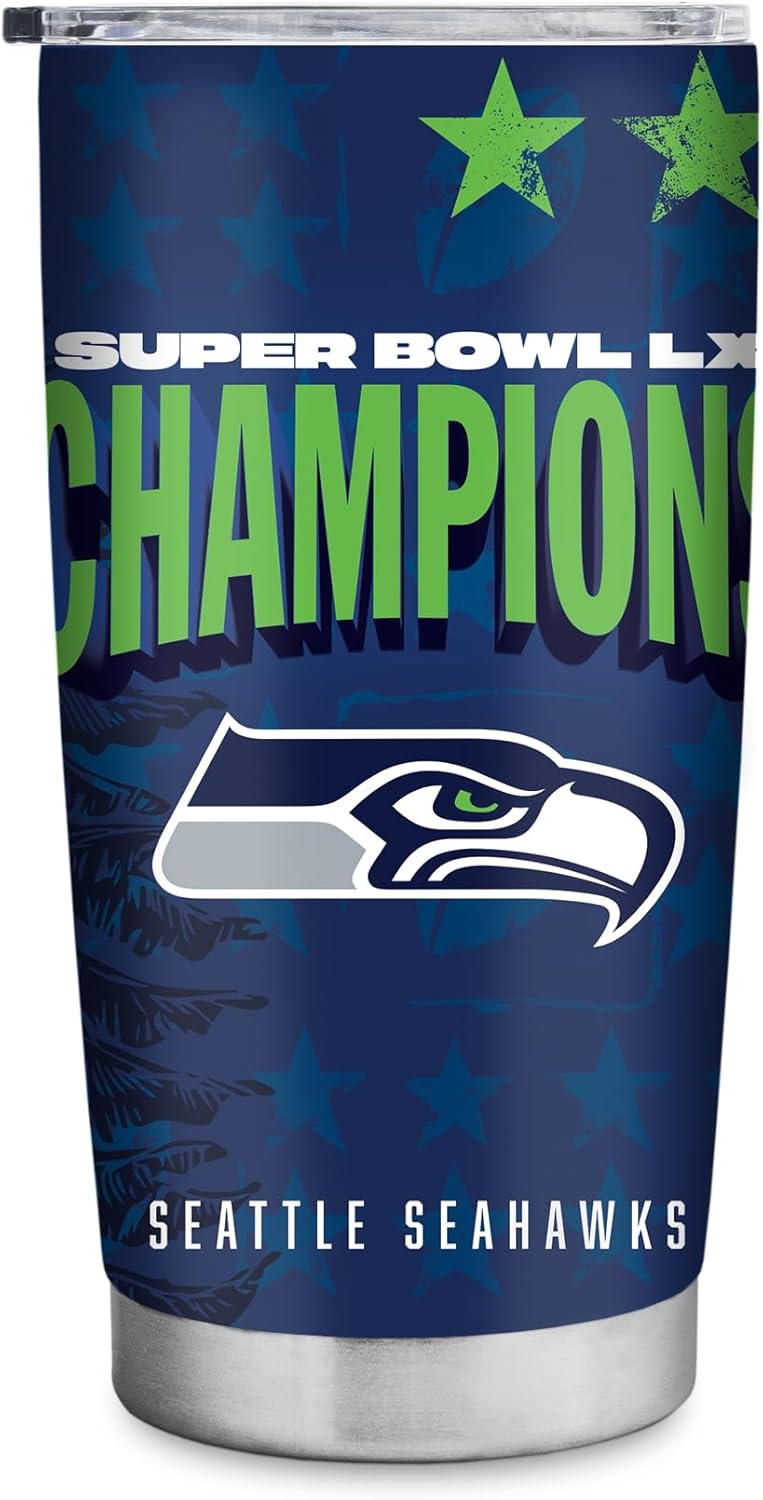 Rico Industries NFL Football Seattle Seahawks 2026 Super Bowl LX Champions 20oz Stainless Steel Tumbler with Lid - Great For Coffee, Tea, Water or Cocktails