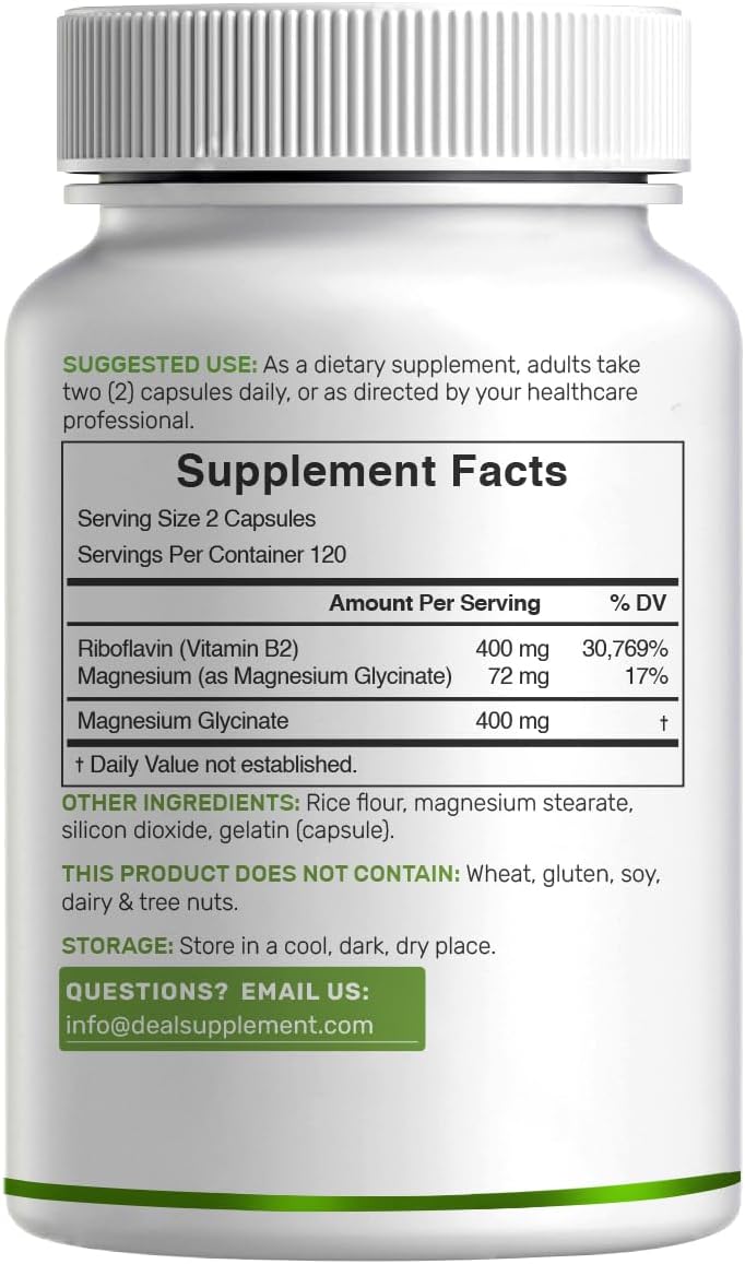DEAL SUPPLEMENT Vitamin B2 400mg (Riboflavin) | with Magnesium Glycinate 400mg, 240 Capsules – 2 in 1 Support Healthy Nervous System, Mood, Blood & Energy Production, Non-GMO - Image 2
