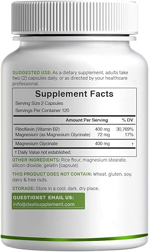 Miniatura 2 de DEAL SUPPLEMENT Vitamina B2 400 mg (Riboflavina) | con glicinato de magnesio 400 mg, 240 Cápsulas – 2 en 1 apoya el sistema nervioso saludable,