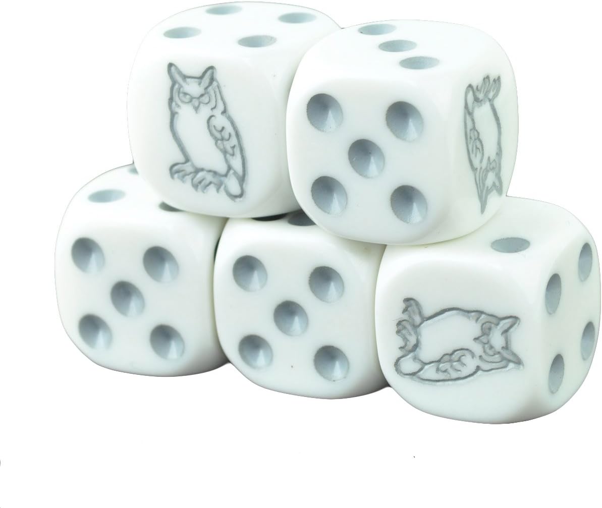 Set of 5 Owl White Dice Round Corner Opaque 16mm Grey Spots in Snow Organza Bag