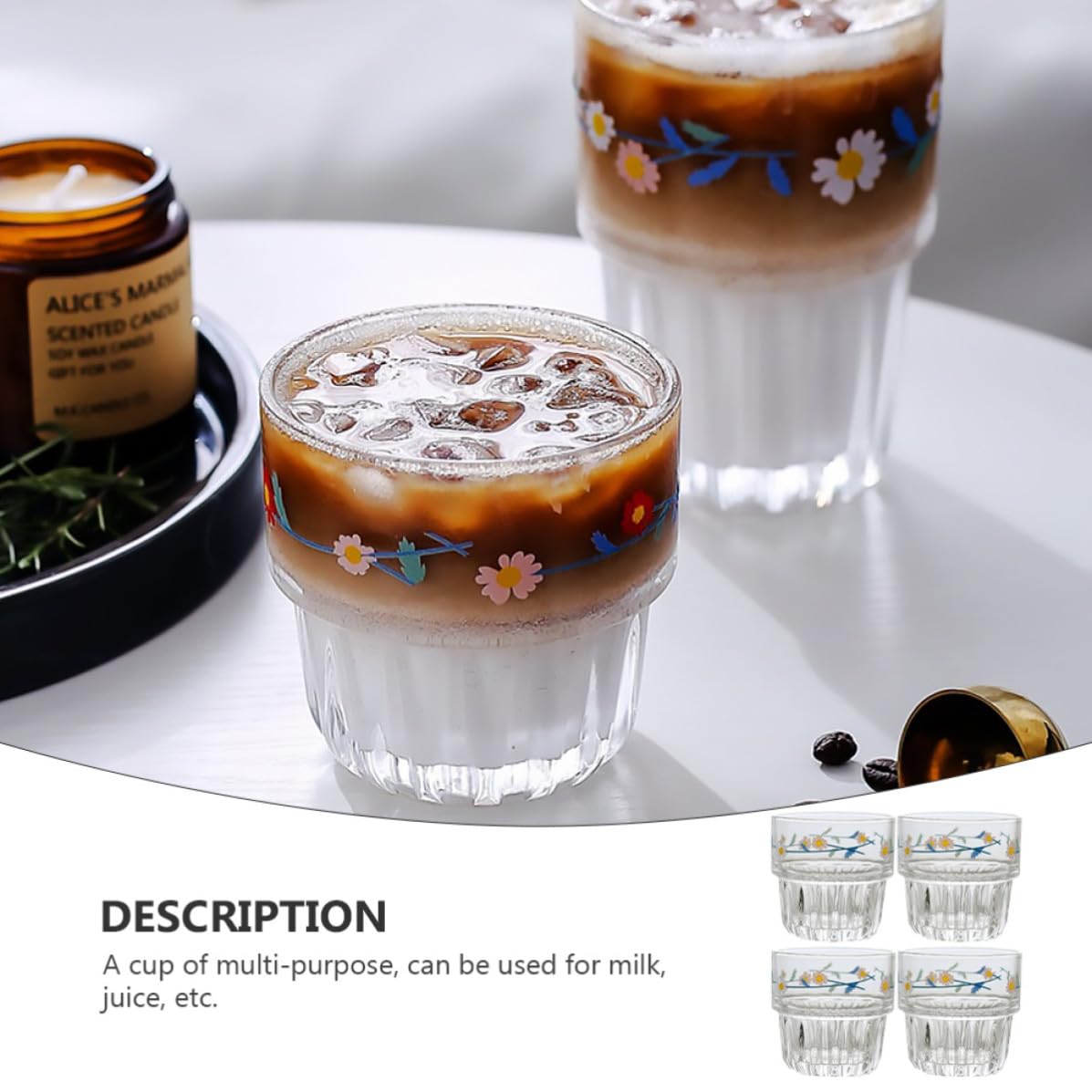 Vaso de Cristal Estilo Pastoral Margaritas, 4 Piezas Blanco | Borde Liso, Trabajo Meticuloso, Uso Múltiple, Escena para Cafetería y Restaurante, Forma Redonda