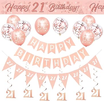 21st BIrthday Decorations for Her-Rose Gold 21st Birthday Banners for Girls,Happy 21st Birthday Party Decor Include Banner Bunting Hanging Swirls Triangle Flags Confetti Latex Balloons