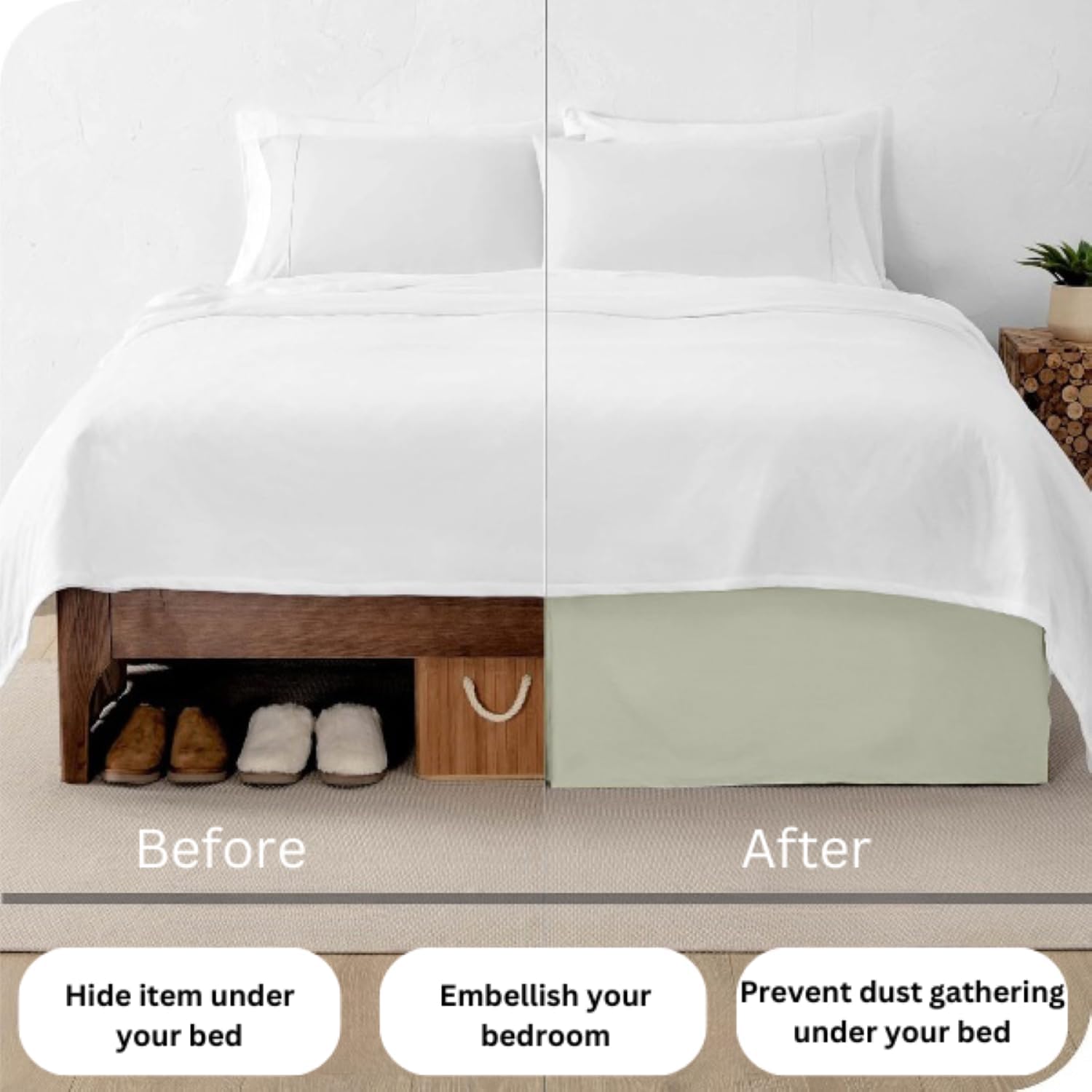 Box Pleated Bed Skirt- 15" Inch Drop Bed Skirt 100% Egyptian Cotton 800 Thrade Count - Queen Size Split Corner Bed Skirt Easy to Fit, White Solid