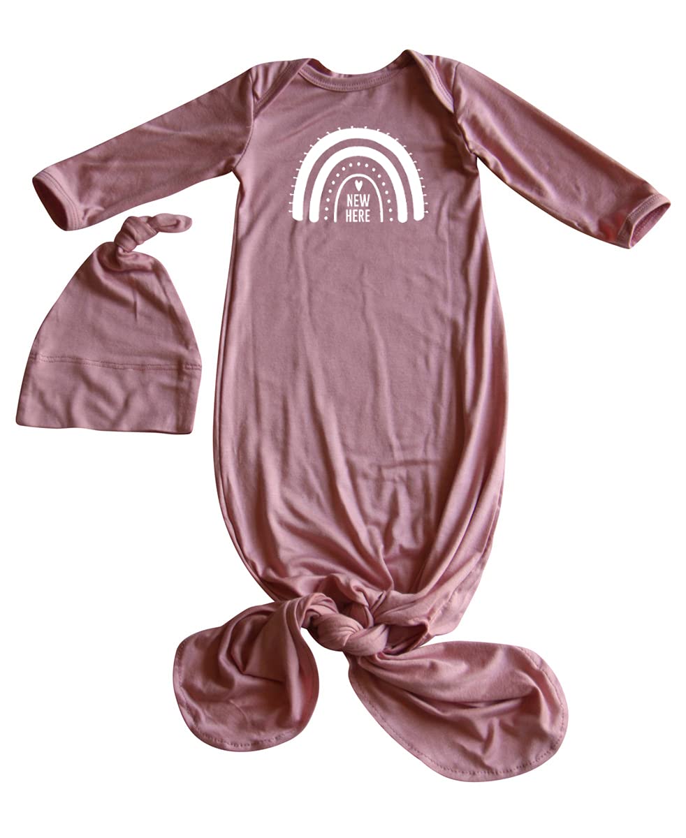 New Here Rainbow Silky Baby Gown with Hat for Boys and Girls-Boy, Girl, Gender Neutral (Dusty Rose, Newborn)