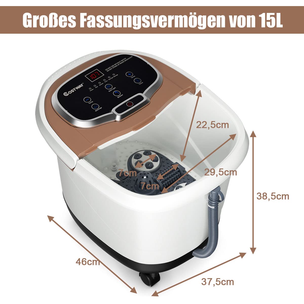 COSTWAY Fußbad mit Massagefunktion & Duschfunktion, 500W Elektrische Fußbadewanne mit Heizung, Max. 48°C, 10-60 Min Timer, Shiatsu- & Rollenmassage, Fußbad Massagegerät auf Rollen (Braun)