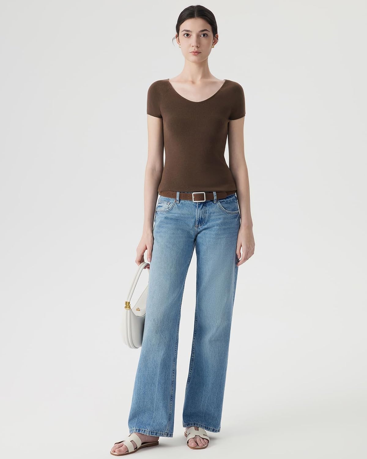 SUUKSESS Women Silk Cashmere Blend Wide V Neck Short Sleeve Sweater Casual Essential Top Shirts - Image 5