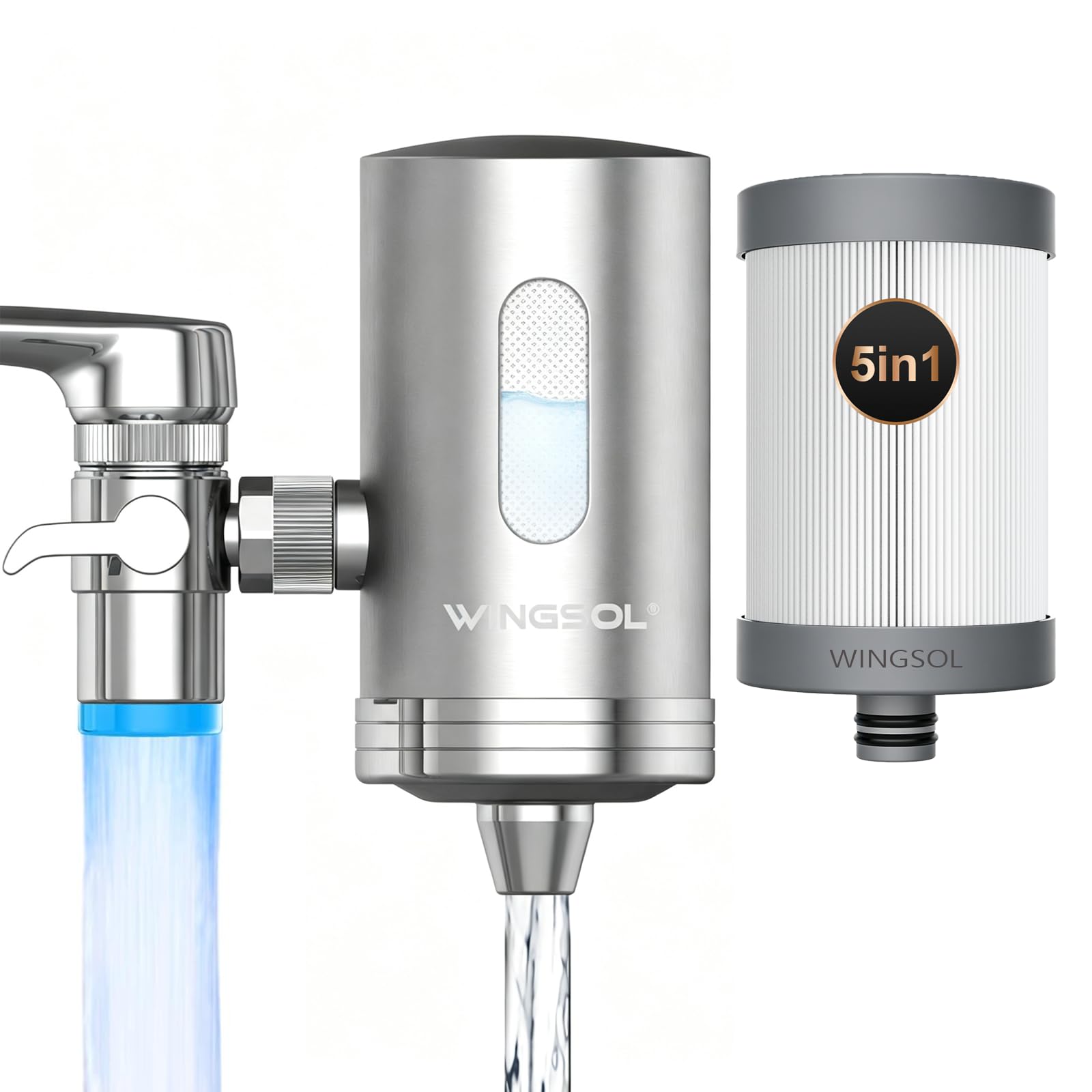 WINGSOL Filtro de agua para grifo de fregadero, sensor de temperatura, luz LED, NSF/ANSI 42 y 53, purificador de grifo giratorio de 360°, transparente, reduce los metales pesados 99.6 % de plomo