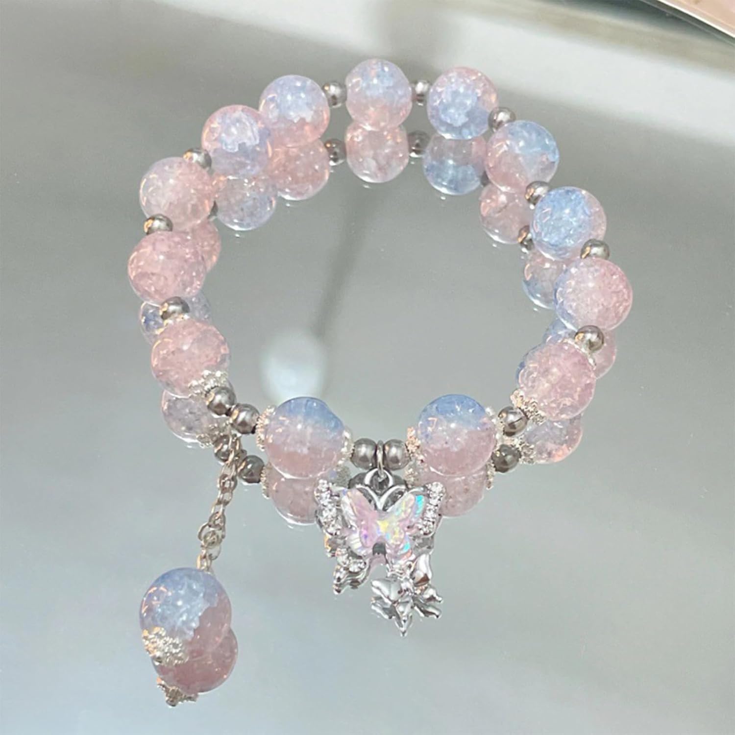 Crystal Beaded Stretch Bracelet, Glass Beads with Butterfly Charm, Women's Fashion Jewelry - Image 2
