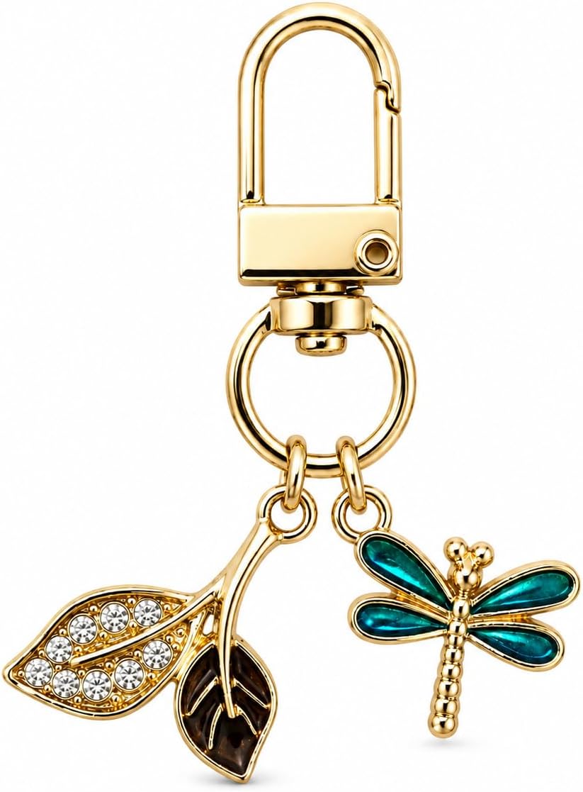 Dragonfly Keychain –Leaf Keychains Bag Charms for Women with Sparkling Rhinestone, Insect Key Chains Gifts for Nature Lovers, Girls, Friends, Family and Boys