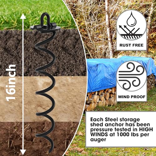 Image of Eurmax USA 4-Pack Spiral Ground Stakes,Anti-Rust High Wind Trampoline Stakes Anchors,Heavy Duty Screw-in Anchor Kit with Tie Down Straps for Dog Tie-Out,Trampoline,Tents,Tarps,Carports and More,Black