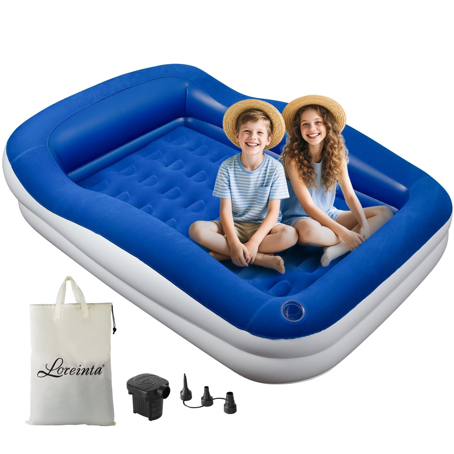Aufblasbares Reisebett für Kleinkinder, tragbares Bodenbett mit Sicherheitsstoßstangen, aufblasbare Matratze für Camping, Zuhause und Übernachtungen, inklusive Pumpe und Tragetasche, für