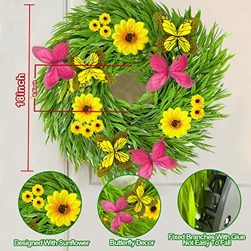18" Prelit Summer Wreath Front Door Decor Artificial Sunflower Fall Wreath 30 Lights ,Battery Operated Boxwood Summer Wreath Decoration Spring Indoor Outdoor Home Window Wall Farmhouse #TOP1