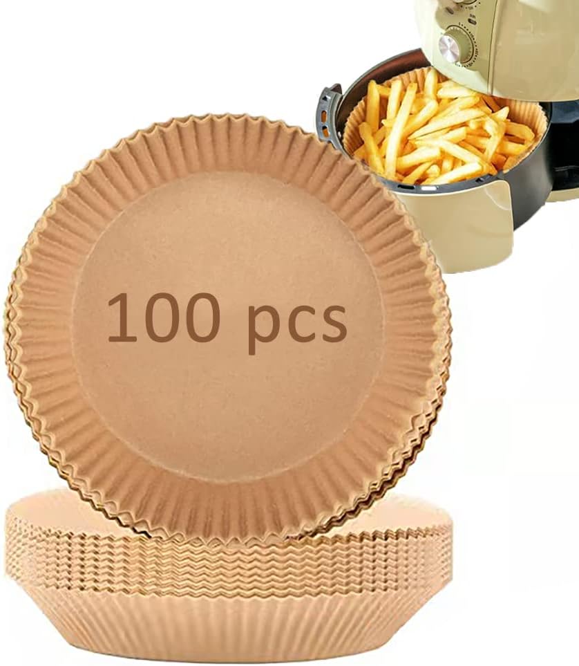 100 PCS Air Fryer Disposable Paper Liner, Round Air Fryer Paper Liners, Natural Parchment Paper for Air Fryer, Non-Stick, Oil-Proof, Food Grade Paper Liner for Baking Roasting Microwave (6.3 Inch)