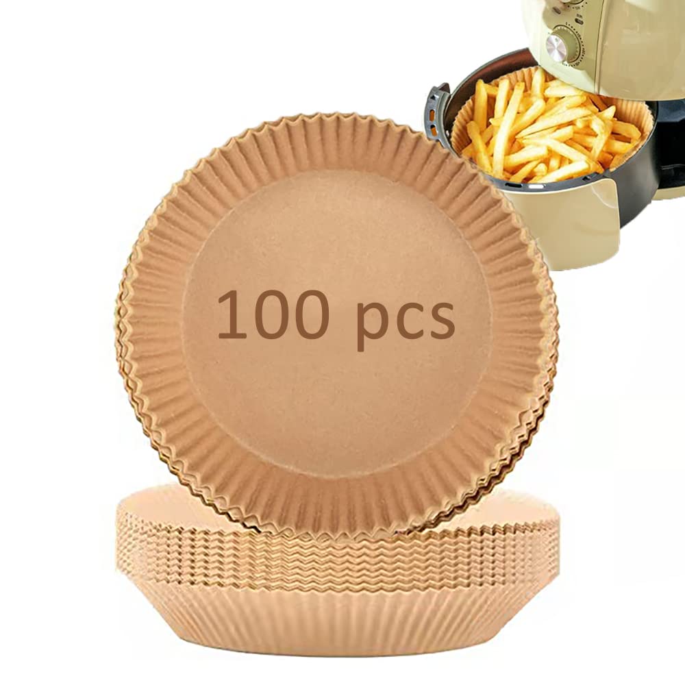 100 PCS Air Fryer Disposable Paper Liner, Round Air Fryer Paper Liners, Natural Parchment Paper for Air Fryer, Non-Stick, Oil-Proof, Food Grade Paper Liner for Baking Roasting Microwave (6.3 Inch)