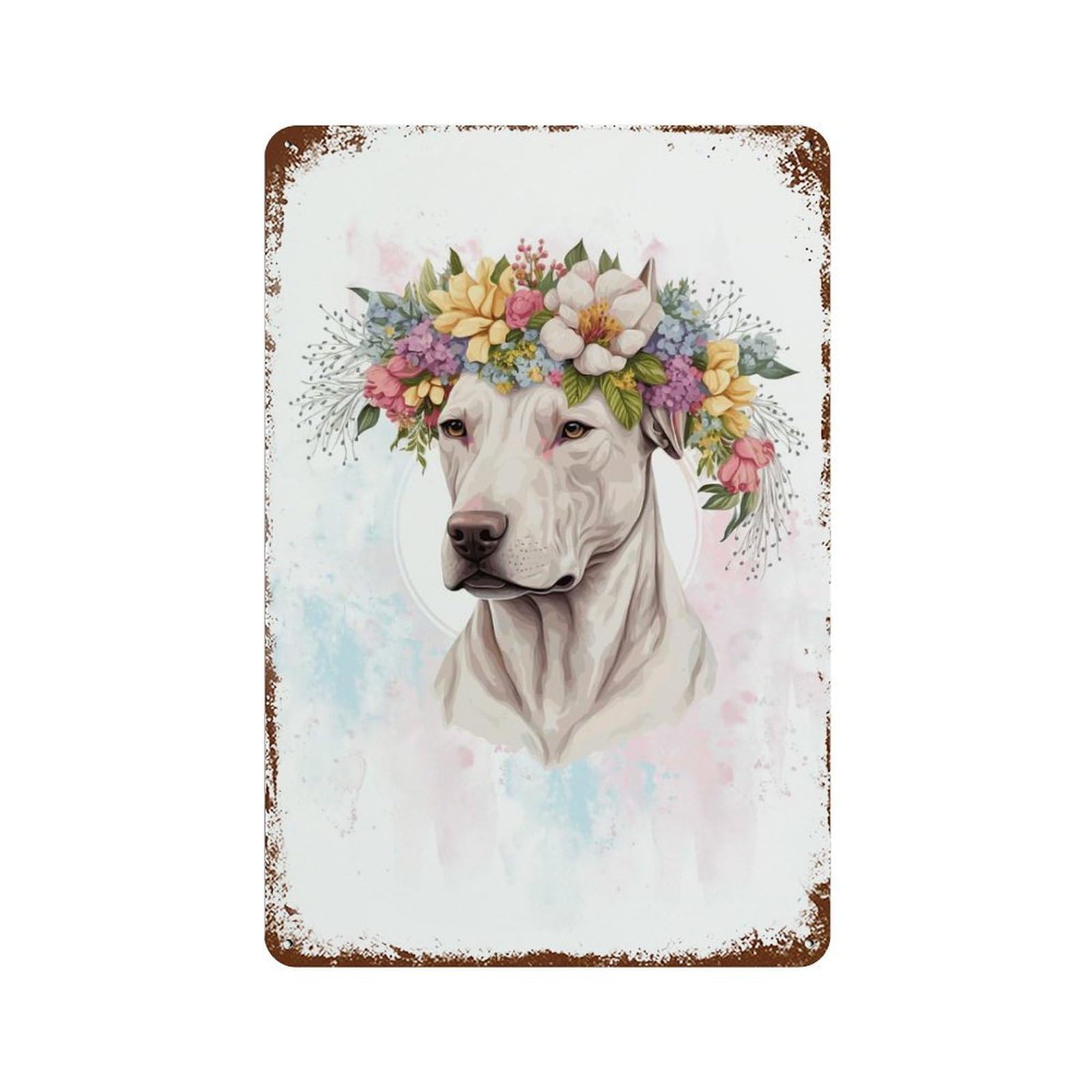 Aged Metal Wall Plaque with Floral Dogo Argentino Dog Design 11.8"x7.9", for Garage, Bar And Workshop Decor, Rustic Home Decor