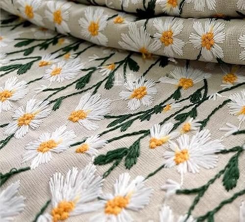 Material for Sewing Embroidered Daisy Fabric, Three-Dimensional Cotton and Linen, Tablecloth and Curtain