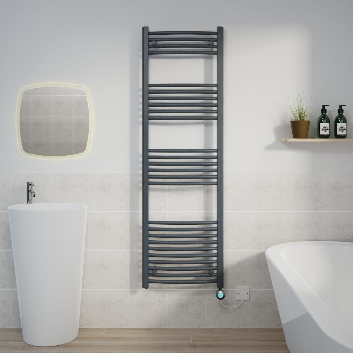 Warmehaus Prefilled 1600x500mm Curved Electric Heated Towel Rail with Timer Thermostatic Bathroom Radiator Anthracite - 800W(Chrome Heating Element) — image 1