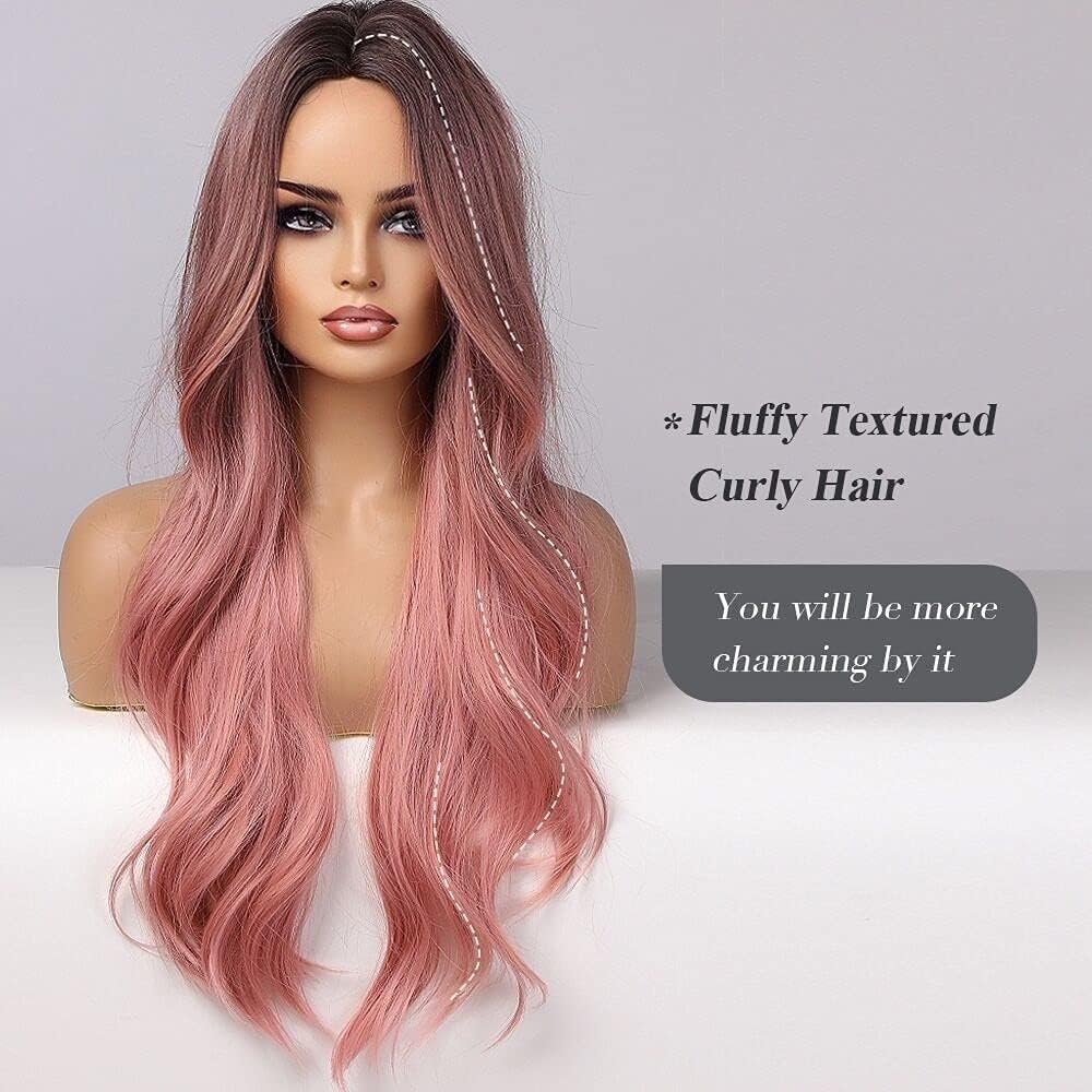 26 Inches Long Ombre Pink Wigs for Women, Natural Wavy Wigs with Black Roots Middle Part Synthetic Wig Heat Resistant Hair for Daily Halloween Party Cosplay