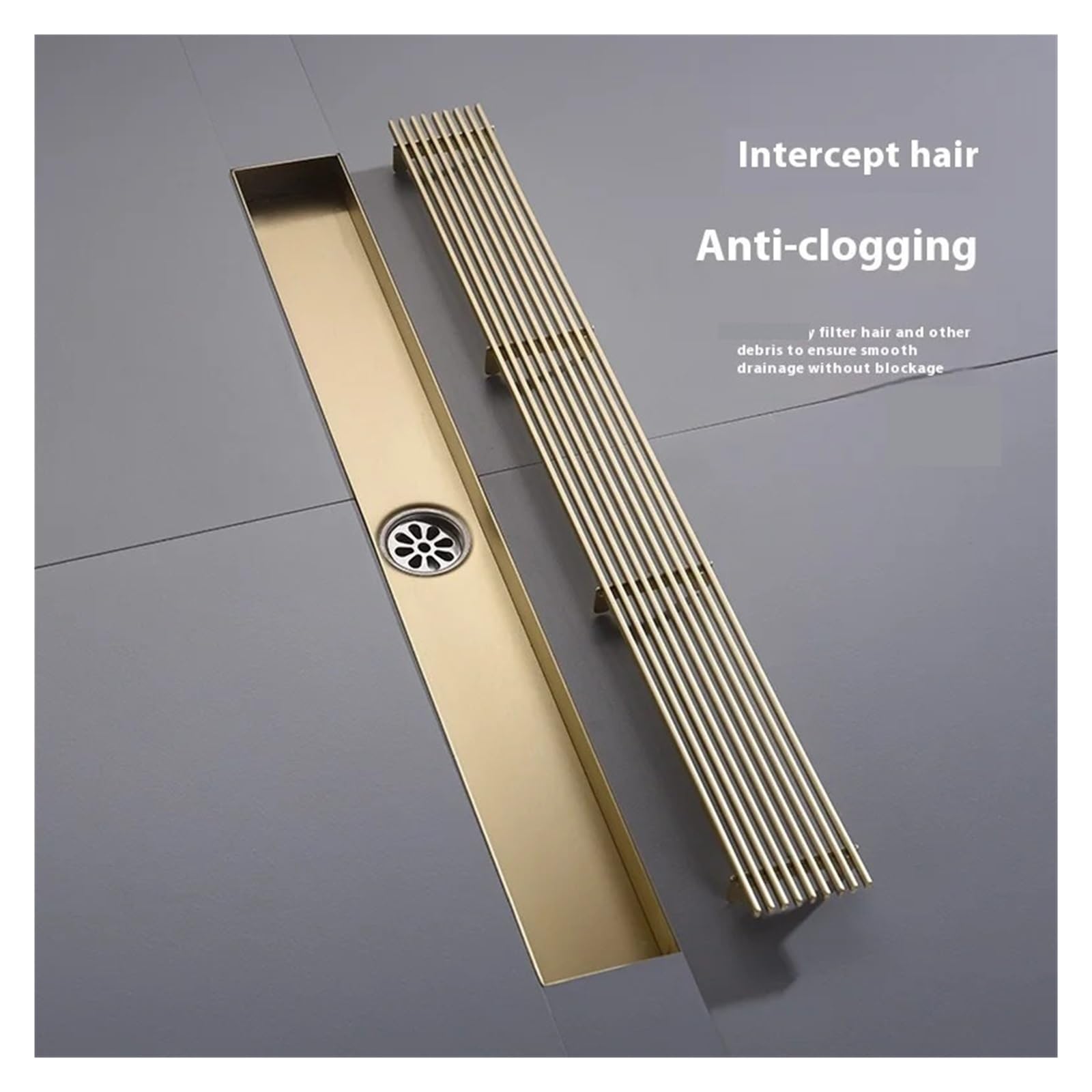 Desagüe Lineal para Ducha Rejilla de Drenaje for el Suelo la Ducha, Acero Inoxidable 304 Dorado, 8,5 CM Ancho, Largo Lineal Lateral extendido, 20x60cm(8.5X50cmB)