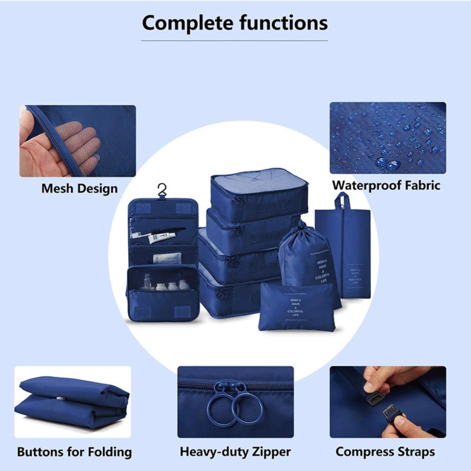 Cubos de embalaje para maletas, juego de 8 piezas, organizador de viaje, cubos de embalaje de compresión para ropa, zapatos, cosméticos, artículos de tocador - Esenciales de viaje
