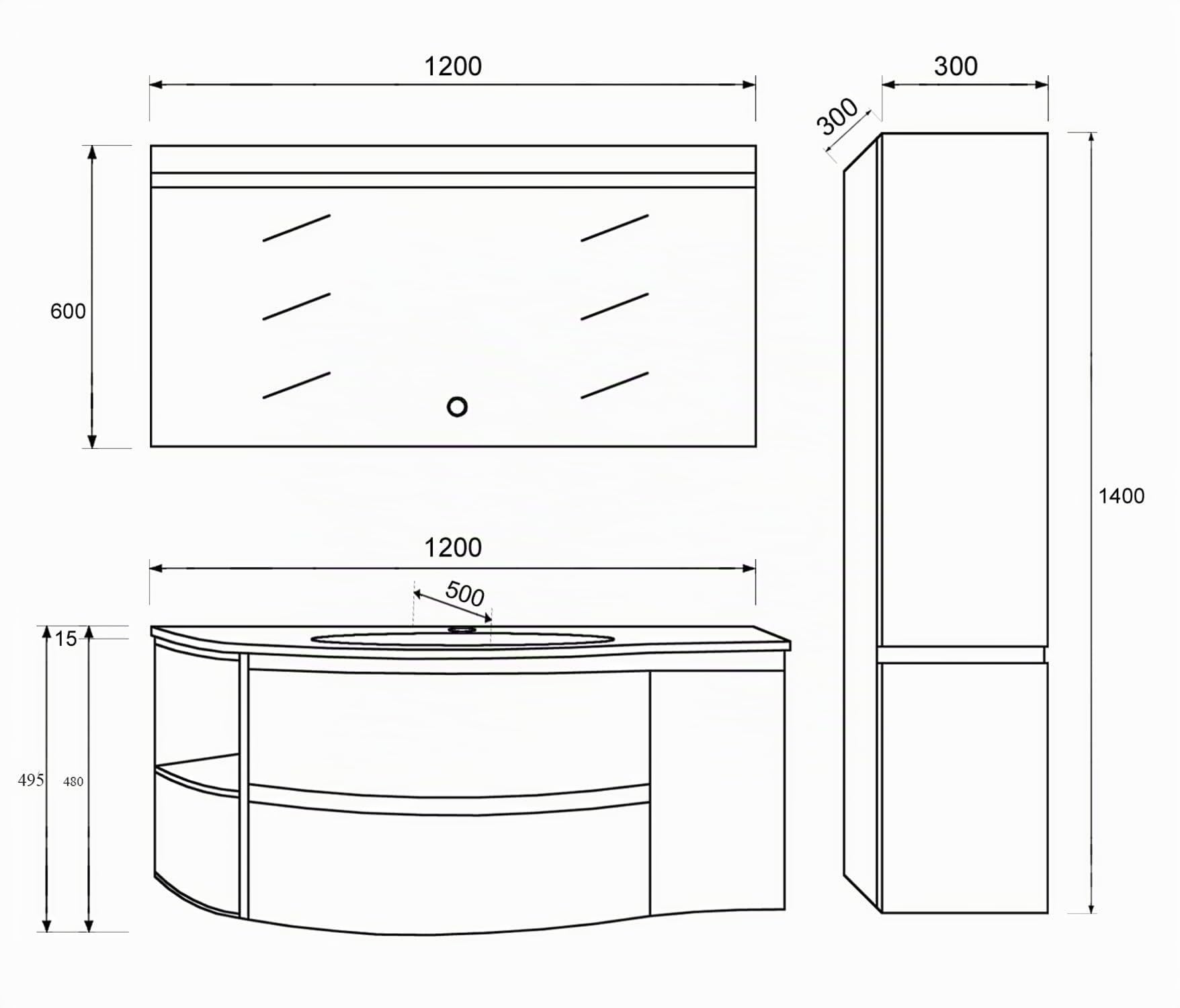 KASR Badmöbel Set Lynn 120 cm, Weiß, mit LED Spiegel und Seitenschrank, Glaswaschbecken, Hochglanz, wandhängend