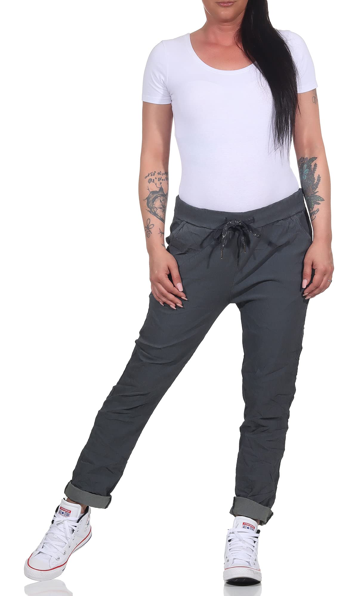Pantaloni da jogging da donna in stile vintage, per tempo libero, sport e fitness 8115, grigio scuro, 46/50 IT