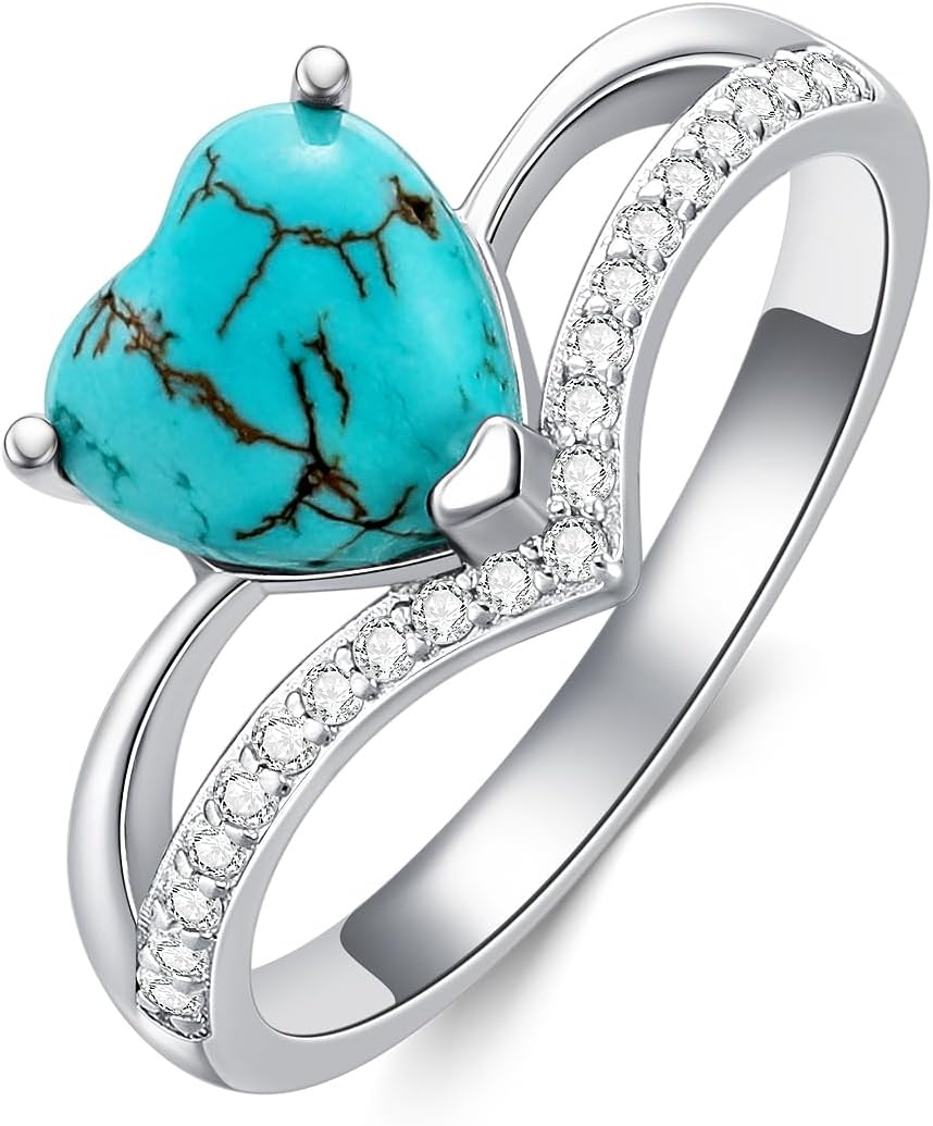 Real Turquoise Ring for Women Heart Shape Genuine Stone with CZ 925 Sterling Silver Engagement Rings Jewelry for Her Wife Mom