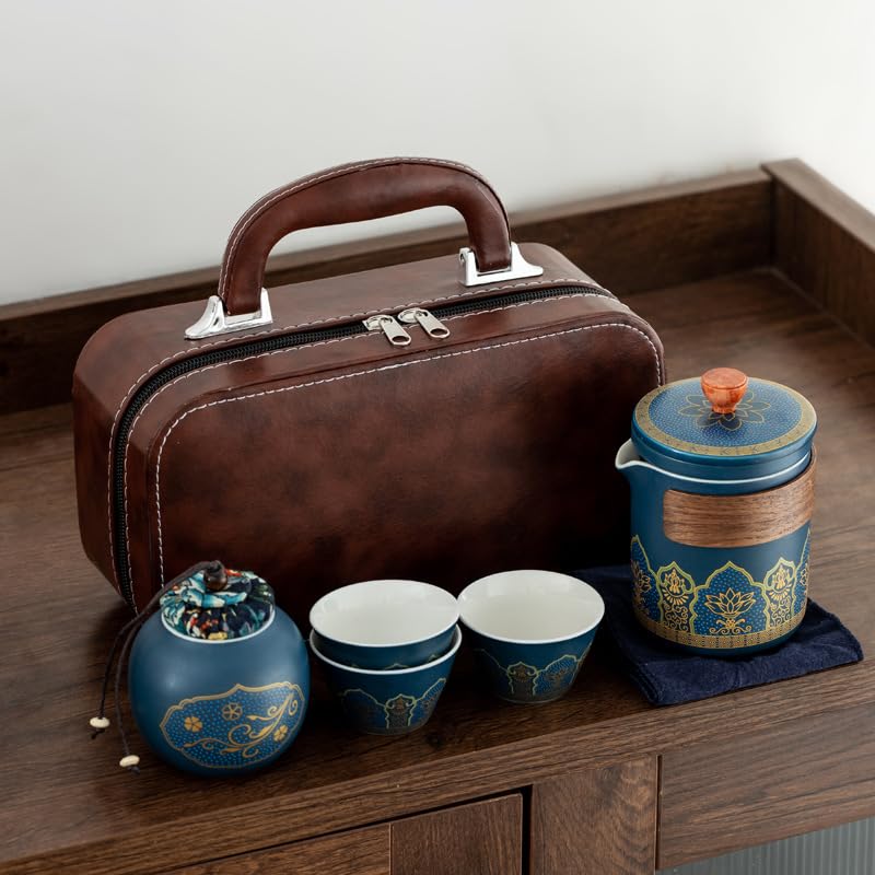 High end boutique Kung Fu travel tea set with portable bag compact teapot set suitable for outdoor use ceramic tea set gift box packaging Hotel and Business Use (Blue)