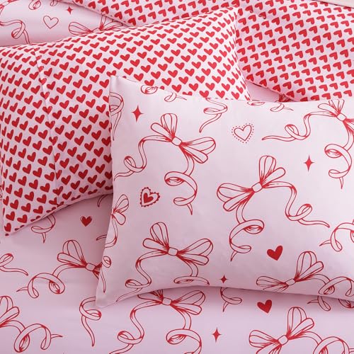Image of Full Size Comforter Set for Girls Red Bow Heart 7 Pieces Bed in a Bag