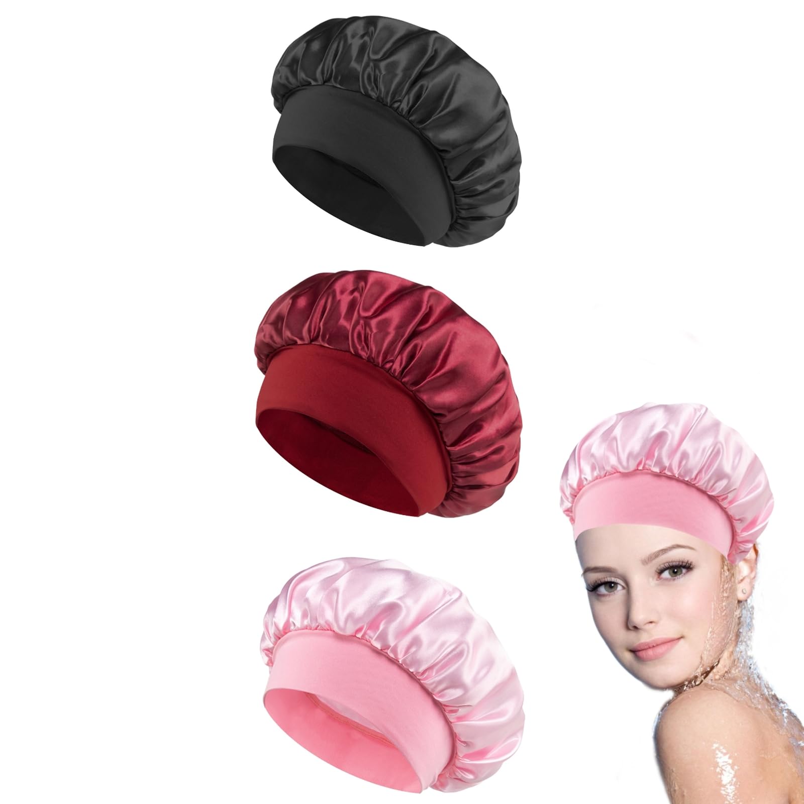 LIANRISES 3pcs Silk Satin Hair Cap - Sleep Caps for Women - Bonnet for Curly Hair - Pink, Black, Wine, Red
