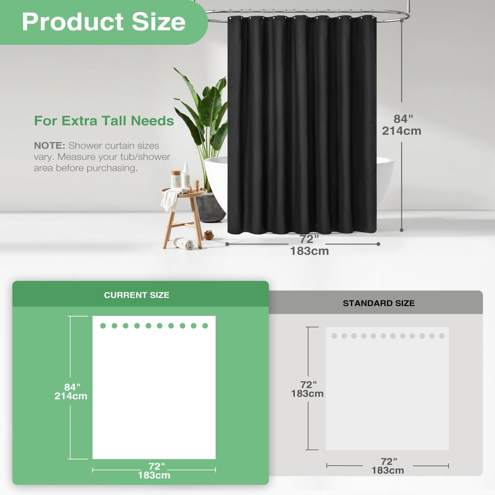 Dynamene Extra Long Fabric Shower Curtain - Waffle Weave 84 Inches Long Heavy Duty Cloth Shower Curtains for Bathroom, 256GSM Large Hotel Luxury Bath Curtain Set with 12 Plastic Hook, 72Wx84H, Black